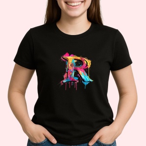 Tricou Alfabet Litera R cu graffiti, design exploziv, arta urbana, Negru, Unisex Dama si Barbat | Copii