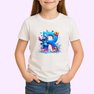 Tricou Alfabet Litera R cu Lilo si Stitch albastru, veselie mare, Alb, Unisex Dama si Barbat | Copii - Img 2