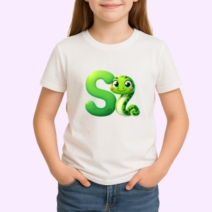 Tricou Alfabet Litera S cu animal Snake Sarpe , Alb, Unisex Dama si Barbat | Copii