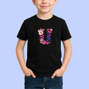 Tricou Alfabet Litera U cu flori, margarete, flori colorate, Negru, Unisex Dama si Barbat | Copii - Img 2