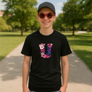 Tricou Alfabet Litera U cu flori, margarete, flori colorate, Negru, Unisex Dama si Barbat | Copii - Img 4