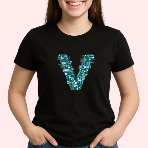 Tricou Alfabet Litera V cu circuite, cyber, tehnologie, Negru, Unisex Dama si Barbat | Copii