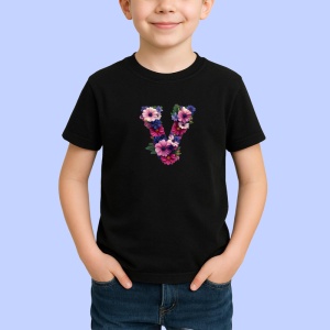 Tricou Alfabet Litera V cu flori, margarete, flori colorate, Negru, Unisex Dama si Barbat | Copii - Img 2