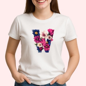 Tricou Alfabet Litera W cu flori, margarete, flori colorate, Alb, Unisex Dama si Barbat | Copii