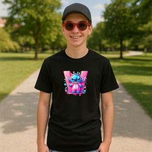 Tricou Alfabet Litera W cu Stitch Roz fericit, explozie de culori, Negru, Unisex Dama si Barbat | Copii - Img 4