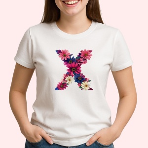 Tricou Alfabet Litera X cu flori, margarete, flori colorate, Alb, Unisex Dama si Barbat | Copii