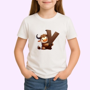 Tricou Alfabet Litera Y cu animal Yak Bivol , Alb, Unisex Dama si Barbat | Copii