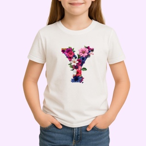 Tricou Alfabet Litera Y cu flori, margarete, flori colorate, Alb, Unisex Dama si Barbat | Copii - Img 2