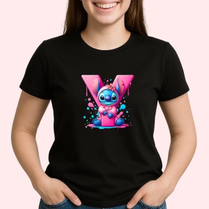 Tricou Alfabet Litera Y cu Stitch Roz fericit, explozie de culori, Negru, Unisex Dama si Barbat | Copii