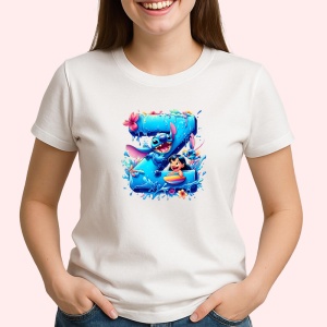 Tricou Alfabet Litera Z cu Lilo si Stitch albastru, veselie mare, Alb, Unisex Dama si Barbat | Copii