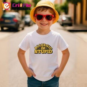 Tricou Allergic To Stupid Mesaj Amuzant Galben Negru, din bumbac 100% , tricou alb pentru Copii | Dama | Barbat - Img 4