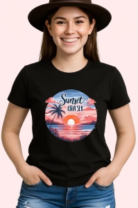 Tricou Apus cu palmieri text sunset chaser atmosfera romantica de vacanta Copii | Dama | Barbat, negru - Img 3