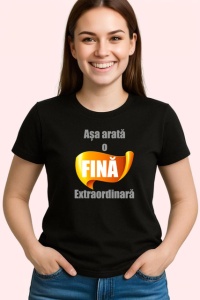 Tricou Asa Arata O Fina Extraordinara Text Portocaliu, din bumbac 100%, tricou negru Dama - Img 2