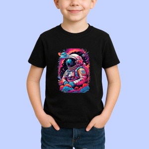 Tricou Astronaut colorat in spatiu cu fum roz albastru Copii | Dama | Barbat, culoare negru - Img 3