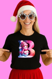 Tricou B Litera Craciun Roz Cu Om De Zapada Fulgi De Zapada, din bumbac 100% Copii | Dama | Barbat