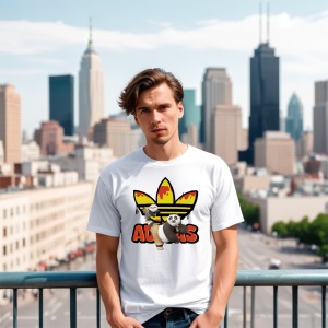 Tânăr purtând un tricou alb cu un design colorat, ce include personaje animate(KungFu Panda) și un logo reinterpretat cu accente galben-roșu, pozând pe o terasă cu fundal urban și zgârie-nori.