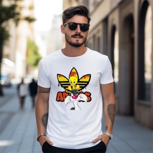Bărbat purtând ochelari de soare și un tricou alb cu un design colorat ce include personajele Tweety și Sylvester, alături de un logo reinterpretat în culori galben-roșii, pozând pe o stradă urbană luminoasă.