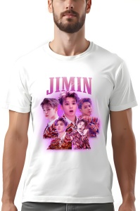 Tricou alb cu design grafic ce include imagini ale unui artist și textul 'JIMIN' scris deasupra.