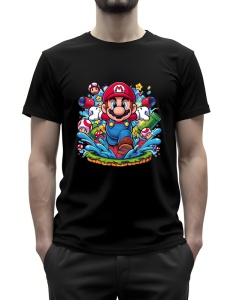 Tricou negru cu un design vibrant care prezintă un personaj iconic de jocuri video(Super Mario Game) sărind plin de energie, înconjurat de elemente familiare, precum ciuperci și stele colorate. Fundalul include stropi de culoare și detalii animate, evocân