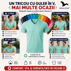 Tricou Bărbați cu Guler în V, 100% Bumbac, Slim Fit, 180 g/m², 14 Culori, Mărimi S–3XL - Img 8