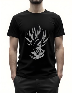 Bărbat purtând un tricou negru cu o ilustrație stilizată, în gri, a unui personaj cu părul ridicat și trăsături intense.(Dragon Ball Z)