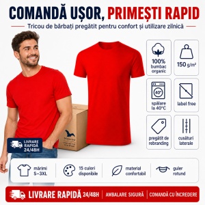 Tricou Bărbați Malfini Gulf 822, 100% Bumbac Organic, 150 g/m², Guler Rotund, Label Free, S–3XL, 15 Culori - Img 3