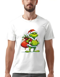 Tricou alb cu un design de Crăciun ce înfățișează un personaj verde cunoscut(Grinch), îmbrăcat în costum de Moș Crăciun, purtând o expresie vicleană. Personajul poartă pe umăr un sac roșu plin de cadouri, decorat cu frunze de vâsc și globuri de Crăciun, s
