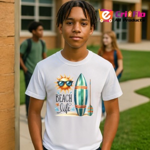 Tricou Beach life cu soare ochelari surfboard si padel stil surfing Copii | Dama | Barbat Barbat - Img 4