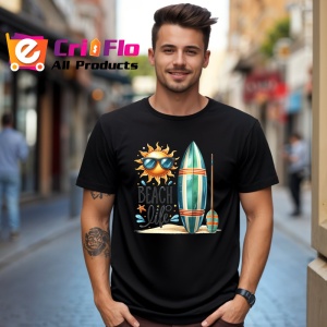 Tricou Beach life cu soare ochelari surfboard si padel stil surfing Copii | Dama | Barbat, negru - Img 6