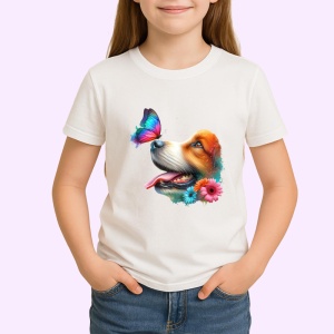 Tricou Beagle cu fluture turcoaz si floare roz design artistic Copii | Dama | Barbat Barbat - Img 3