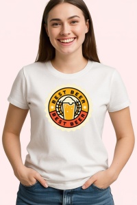 Tricou Best Beer Emblema Galbena Rotunda, din bumbac 100% , tricou alb pentru Dama | Barbat