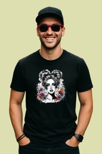 Tricou Black white floral portrait sketch, portret floral alb negru in stil schita, Copii | Dama | Barbat , tricou negru - Img 3