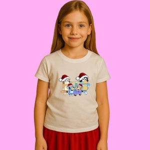Tricou Bluey Cu Prietenii In Carucior Craciun, din bumbac 100%, tricou alb, Copii | Dama | Barbat - Img 2