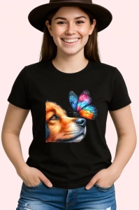 Tricou Border Collie cu fluture curcubeu si privire curioasa Copii | Dama | Barbat, negru - Img 4