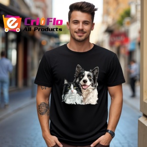 Tricou Border Collie si pisica alb negru adorabili impreuna Copii | Dama | Barbat, negru - Img 6