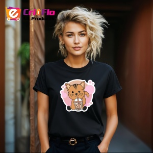 Tricou Bubble Tea Cat, din bumbac 100%, tricou negru, Dama | Barbat - Img 5