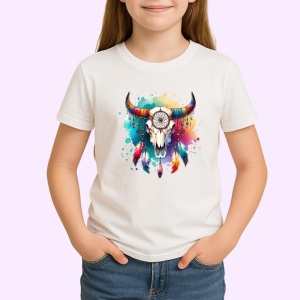 Tricou bull skull feathers watercolor, craniu de taur cu pene in acuarela, Copii | Dama | Barbat - Img 3
