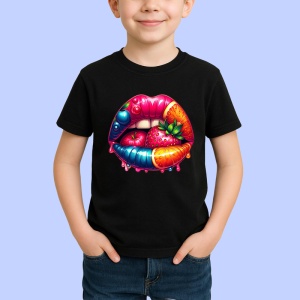 Tricou Buze bordo cu trandafir rosu, Lip gloss, Copii | Dama, culoare negru - Img 2