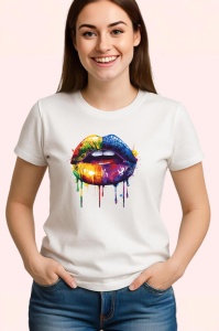 Tricou Buze curcubeu cu efecte de vopsea fundal albastru Copii | Dama | Barbat
