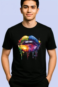 Tricou Buze curcubeu cu efecte de vopsea fundal albastru Copii | Dama | Barbat, culoare negru - Img 2