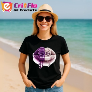 Tricou Buze femeie alb-violet cu trandafiri asortati, Lip gloss, Copii | Dama, culoare negru - Img 5