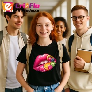 Tricou Buze femeie capsuni si portocala, Lip gloss, Copii | Dama, culoare negru - Img 10
