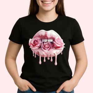 Tricou Buze femeie colorate cu trandafiri in nuante calde, Lip gloss, Copii | Dama, culoare negru - Img 2
