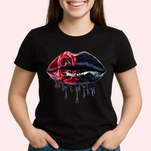 Tricou Buze femeie intense cu trandafiri rosii pictati, Lip gloss, Copii | Dama, culoare negru
