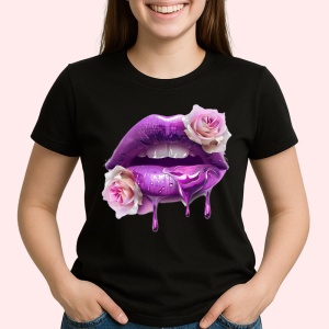 Tricou Buze femeie jumatate rosu jumatate negru cu trandafiri, Lip gloss, Copii | Dama, culoare negru - Img 3