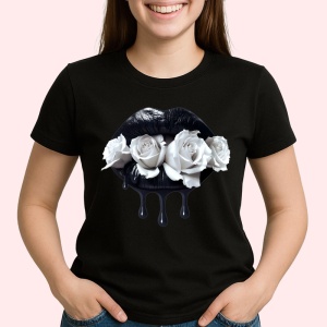 Tricou Buze femeie negre cu trandafiri albi, Lip gloss, Copii | Dama, culoare negru