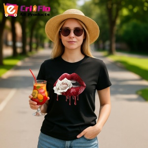 Tricou Buze femeie rosii cu trandafir alb contrastant, Lip gloss, Copii | Dama, culoare negru - Img 4