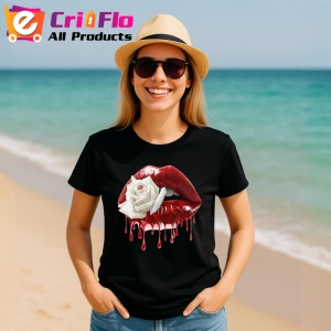Tricou Buze femeie rosii cu trandafir alb contrastant, Lip gloss, Copii | Dama, culoare negru - Img 11