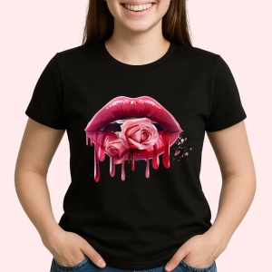 Tricou Buze femeie rosii si negre cu trandafir bicolor, Lip gloss, Copii | Dama, culoare negru - Img 2