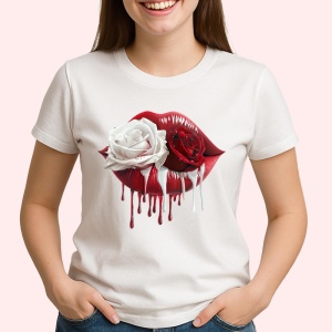 Tricou Buze femeie rosu si alb cu trandafiri duali, Lip gloss, Copii | Dama